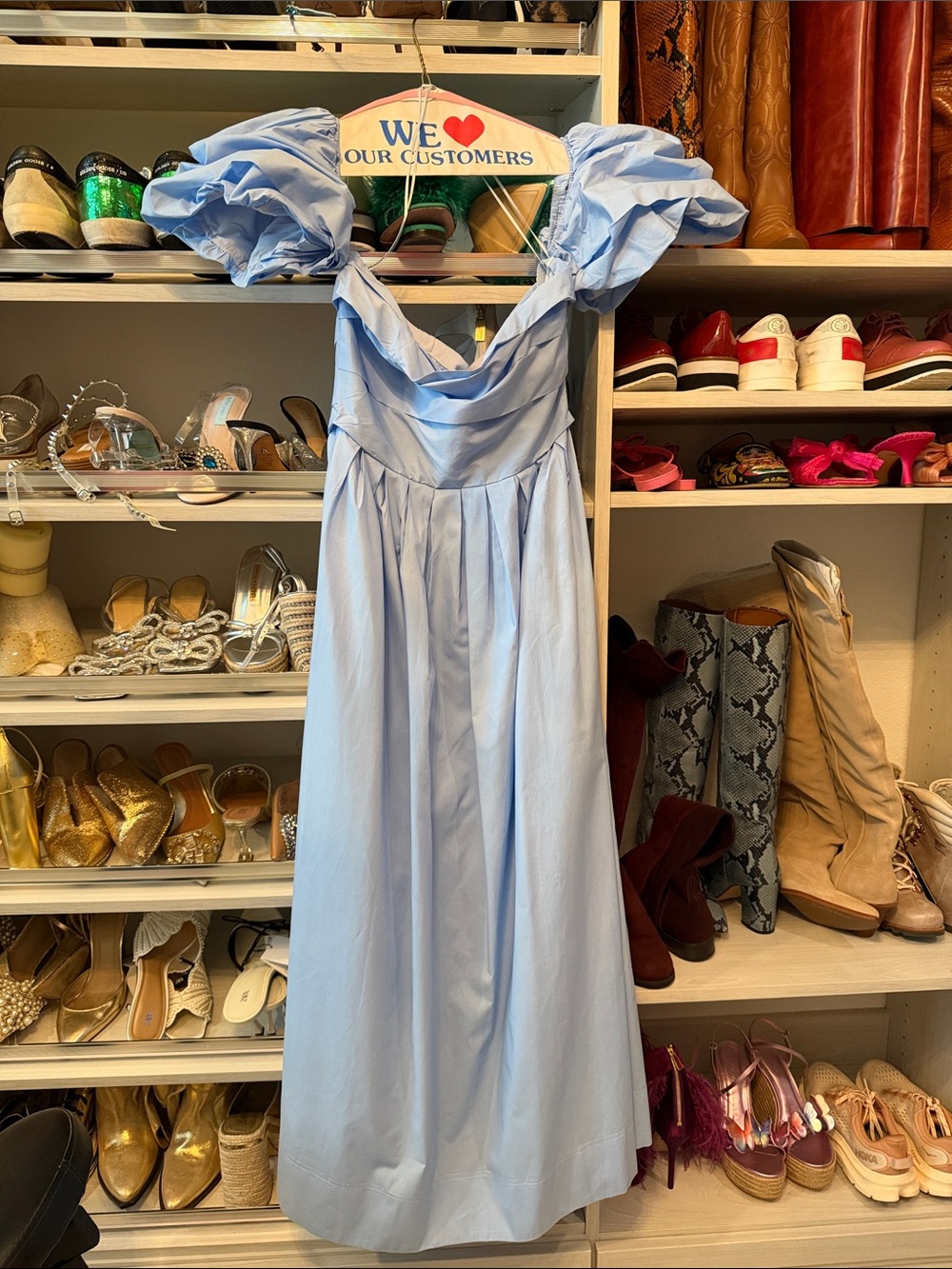 Petal & Pup Light Blue Off-Shoulder Maxi Dress with Puff Sleeves